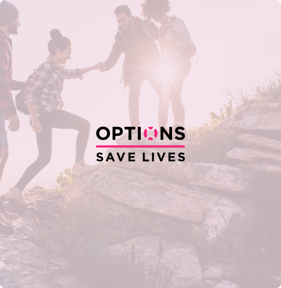 Options Save Lives logo above a group of people helping one another on a hike