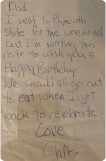 A handwritten birthday note from Chris to his father.