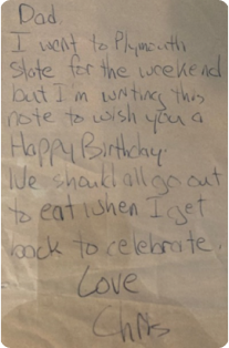 A handwritten birthday note from Chris to his father.